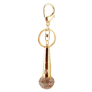 Sparkling rhinestone microphone keychain pendant with golden alloy finish and lobster clasp