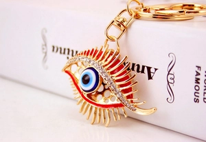 Sparkling Evil Eye keychain with golden metal finish, eyelashes, and crystal rhinestones
