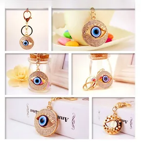 Macro detail of Turkish Nazar Evil Eye keychain with sparkling rhinestones and star cutout