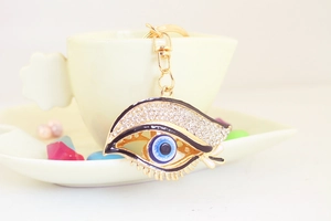 Détail du porte-clés œil grec avec strass brillants accroché à une tasse à café