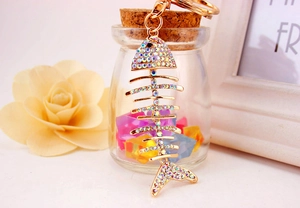 Close-up of golden fishbone keychain inlaid with sparkling colorful AB rhinestones