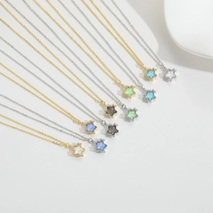 Star-shaped zircon resin pendant necklaces in various colors with gold and silver chains