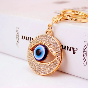 Rhinestone Turkish Evil Eye Keychain Zinc Alloy Gold Plated Hollow Round Lucky Pendant Bag Charm Gift For Women Men