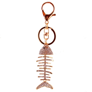 Sparkling crystal fishbone keychain accessory in gold plating with rhinestones