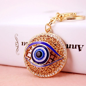 Porte-clés Mauvais Œil Alliage de Zinc Or Ajouré Strass Cristal Pendentif Bleu Mauvais Œil Anneau de Clé de Voiture