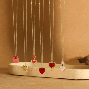 Women's Sweet 14K Gold Plated Copper Heart Pendant Necklace Love Enamel Rose Key Charm Rhinestone Clavicle Chain Jewelry Gift