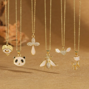 Collar de Cobre Chapado en Oro Con Colgante de Animal Nácar Zirconia Panda Gato Abeja Corazón Ojo Turco Joyería Para Mujer