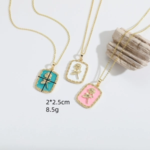14k gold plated copper square rose pendant necklace with colorful enamel drip oil finish