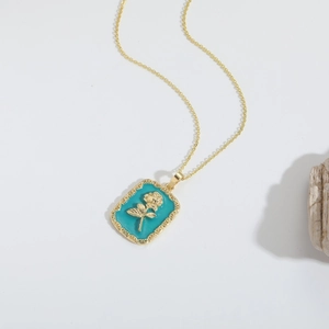 14k gold plated copper necklace with turquoise enamel rose flower pendant necklace