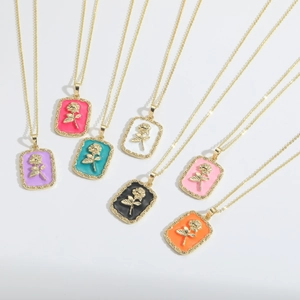 14k gold plated rectangular rose pendant necklaces in seven assorted enamel colors