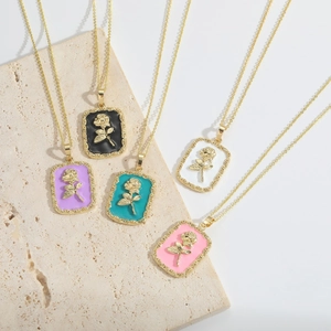 Vintage 14k gold plated rectangular pendant necklace with colorful enamel rose designs
