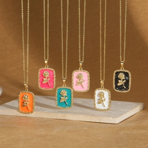 14K Gold Plated Copper Rose Pendant Necklace Retro Colorful Drip Oil Rectangular Enamel Floral Jewelry With Zirconia For Women