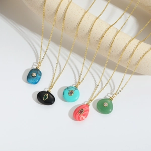 Elegant natural stone necklaces with colorful square pendants and gold-plated chain