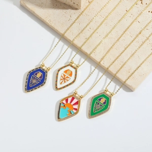 Bohemian style gold-plated shield pendant necklaces with enamel patterns and zircons