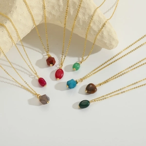 Assorted natural stone heart and oval pendants on gold-plated necklaces for women