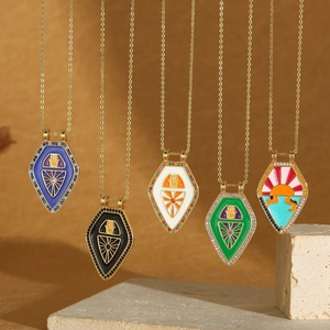 Vintage Gold Plated Copper Enamel Hamsa Hand Shield Pendant Necklace With Zirconia For Women Bohemian Ethnic Jewelry