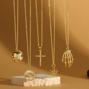 Goldene Kupfer Zirkonia Halskette Für Damen Herren Gothic Totenkopf Kreuz Spinne Lebensbaum Skeletthand Anhänger Halskette Halloween Schmuck