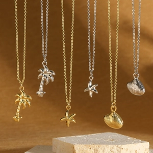 Vintage Copper Sea Star Shell Coconut Tree Pendant Necklace For Women Summer Vacation Beach Jewelry Gold Silver