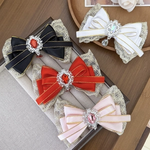 Vintage Lolita Palace Style Lace Bow Hair Clip Handmade Ribbon Rhinestone Gemstone Hairpin Duckbill Clip Sweet Hair Accessories