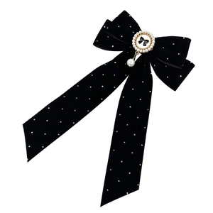 Barrette à nœud en velours noir élégante avec strass et pendentif perle pour femmes