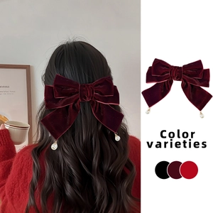 Vintage Velvet Bow Hair Clip For Women Elegant Large Bowknot Spring Clip With Artificial Pearl Pendant Hair Accessories Hairpin Gift
