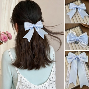 French style light blue satin lace bow hair clip set with heart pendant details