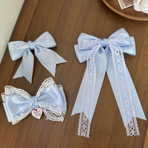 French Style Cream Blue Satin Lace Bow Hair Clip Cute Lolita Fairy Ribbon Duckbill Clip For Women Girls Hair Accessories