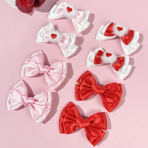 Barrettes Cheveux Nœud Papillon Boule Fourrure Cœur Rouge Doux Barrettes Ruban Satin Accessoires Cheveux Saint-Valentin