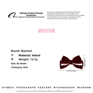 Detailed view of a dark red velvet bow hair clip with white lace trim, 14cm x 8cm size