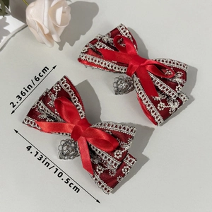 Lolita style dark red bow hair clips with silver lace and heart metal pendants