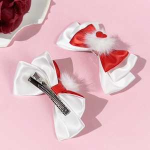 Barrettes à nœuds en satin rouge et blanc avec pompons et cœurs pour filles