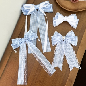 Blau Gingham Spitze Schleife Haarklammer Für Damen Süßer Lolita Stil Künstliche Perle Strass Band Haarnadel Haarschmuck