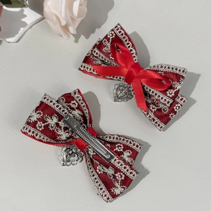 Lolita lace heart bow hair clips in deep red satin with elegant metal pendants