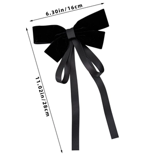 Detailed dimensions of the black velvet bow hair clip with long ribbons and measurements