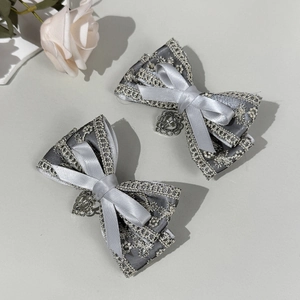 Lolita grey lace hair clips with satin bow and silver heart pendant for elegant hair styling