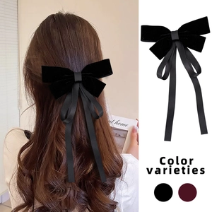 French style black velvet bow hair clip with long streamers for elegant women