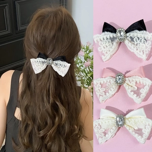 Pince à Cheveux Nœud en Dentelle Romantique Française Élégante Strass Épingle à Cheveux Femme Douce Pince à Bec de Canard Accessoires