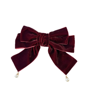 Classic burgundy velvet bow hair clip with elegant pearl pendants for women