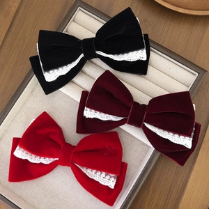 Velvet Lace Bow Hair Clip Elegant Retro French Style Duckbill Clip For Women Burgundy Black Red Christmas Hair Accessories
