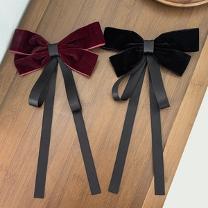 French Hepburn Style Velvet Bow Hair Clip with Long Streamers Elegant Satin Ribbon Hair Accessories for Women Vintage