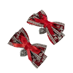 Lolita bow hair clips with dark red satin, white lace, and silver heart cross pendants