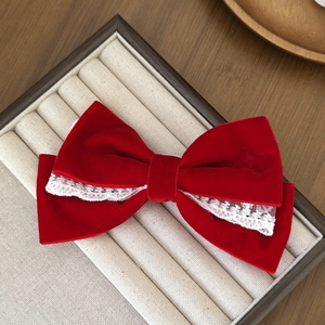 Elegant red velvet bow hair clip with white lace trim for women hair accessories