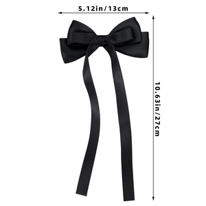 Detailed size chart of black satin bow hair clip with ribbons 13cm width 27cm height