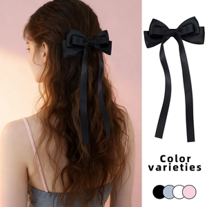 Elegant satin bow hair clip with long ribbons in four colors for girls hair styling