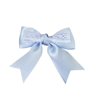 Elegant light blue satin bow hair clip with white lace trim and swallowtail ribbons
