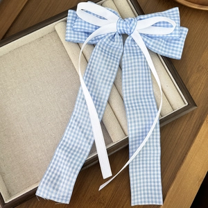 Blau kariertes Spitzen-Schleifen-Haarclip mit langen Bändern im süßen Lolita-Stil
