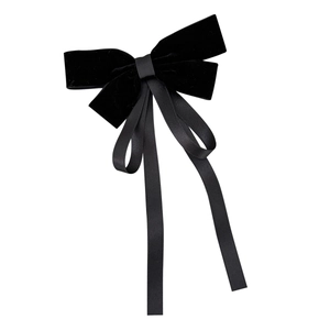French velvet bow hair clip with long silk ribbons for women in elegant vintage black style