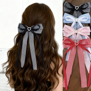 Dolce Fermaglio per Capelli a Fiocco Gingham Con Nastri Lunghi Strass a Cuore Nastro in Tessuto per Donna Ragazza