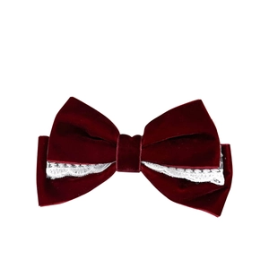 Elegant burgundy velvet hair bow clip with white lace trim for women vintage style