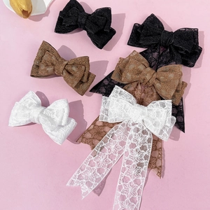 French Elegant Lace Floral Bow Hair Clip For Women Vintage Embroidery Long Ribbon Duckbill Clip Gentle Aesthetic Headpiece